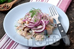 Домашна салата сельодка от маринована риба херинга - снимка на рецептата
